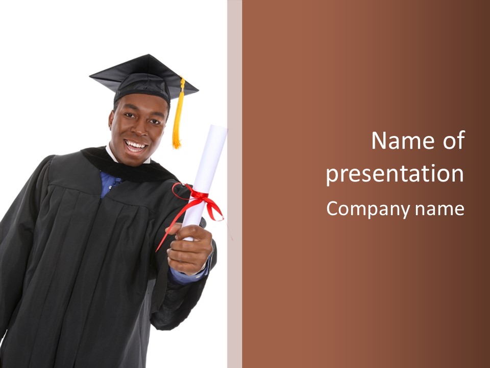 Handsome Young African American Man Holding Graduation Diploma PowerPoint Template