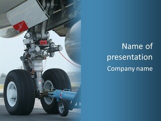 Nose Wheel (Front Landing Gear) Of Very Large, Wide-Body Airplane Being Towed At An Airport. PowerPoint Template