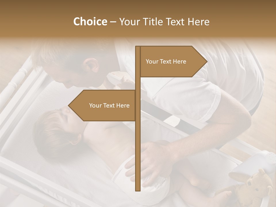 A Young Father Is Changing His Baby Daughter's Diaper. They Are Looking At Each Other. Square Framed Shot. PowerPoint Template