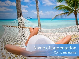Woman Relaxing On Hammock With White Hat Sunbathing On Vacation PowerPoint Template