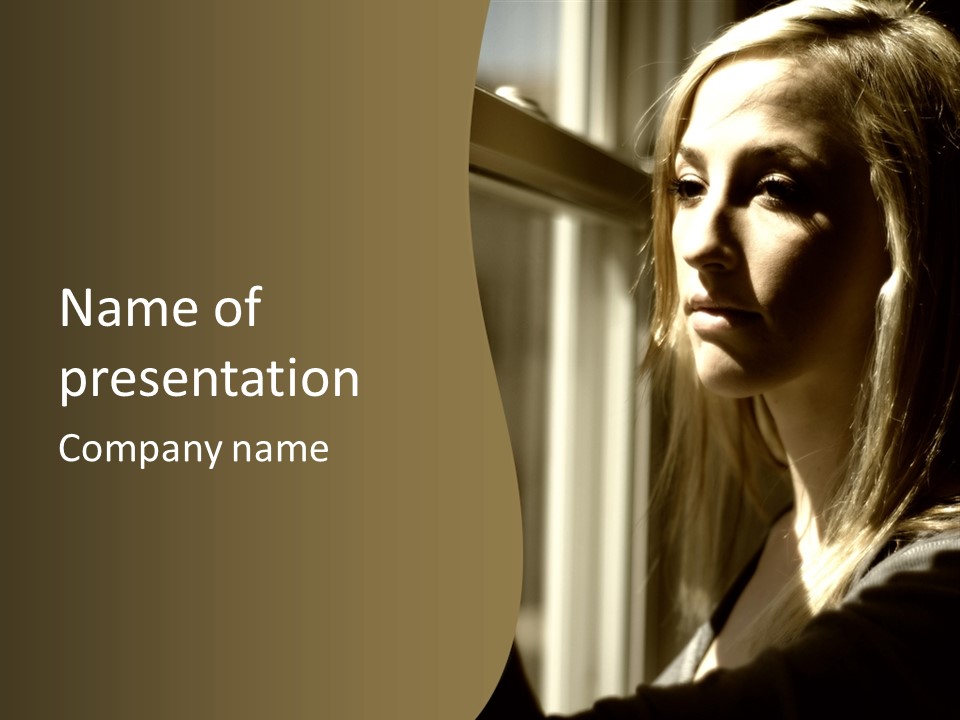 Young Woman Looking Out Of Window PowerPoint Template