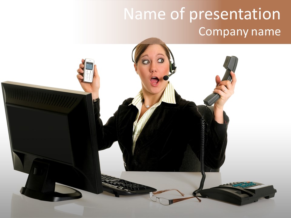 Attractive Female Businesswoman In The Office, Work Overload. Studio Shot. PowerPoint Template