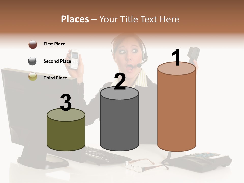 Attractive Female Businesswoman In The Office, Work Overload. Studio Shot. PowerPoint Template