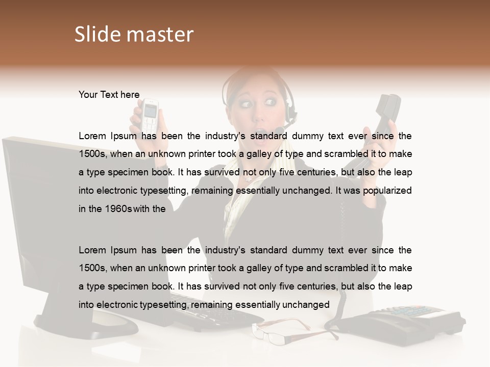 Attractive Female Businesswoman In The Office, Work Overload. Studio Shot. PowerPoint Template