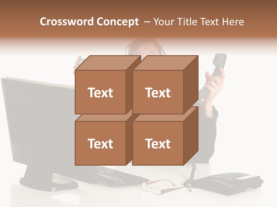 Attractive Female Businesswoman In The Office, Work Overload. Studio Shot. PowerPoint Template