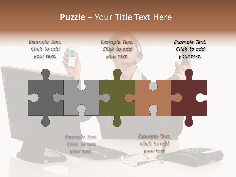 Attractive Female Businesswoman In The Office, Work Overload. Studio Shot. PowerPoint Template