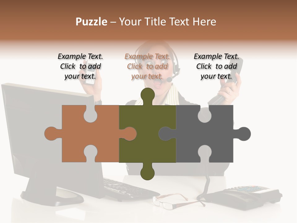 Attractive Female Businesswoman In The Office, Work Overload. Studio Shot. PowerPoint Template