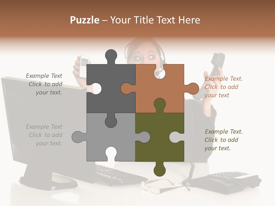 Attractive Female Businesswoman In The Office, Work Overload. Studio Shot. PowerPoint Template