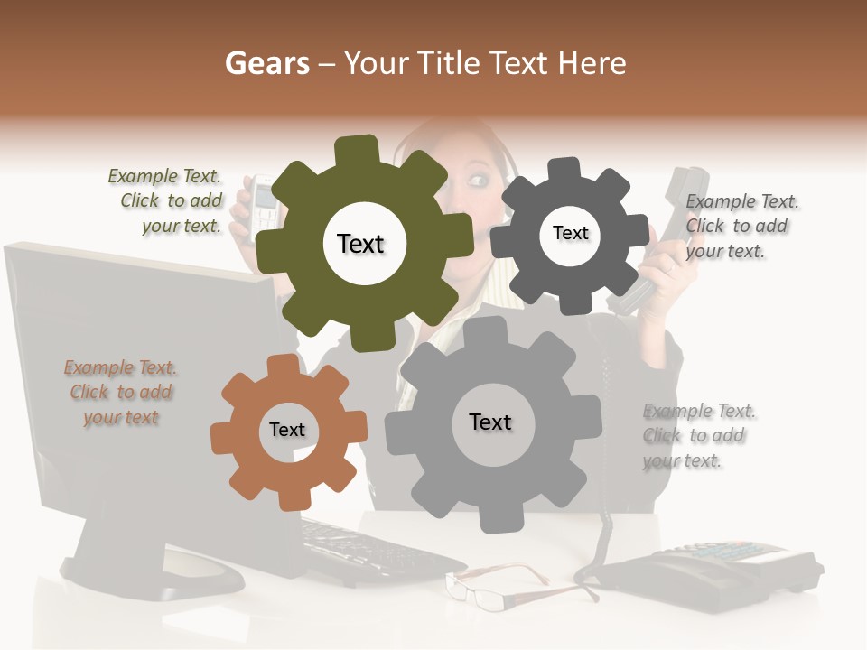 Attractive Female Businesswoman In The Office, Work Overload. Studio Shot. PowerPoint Template