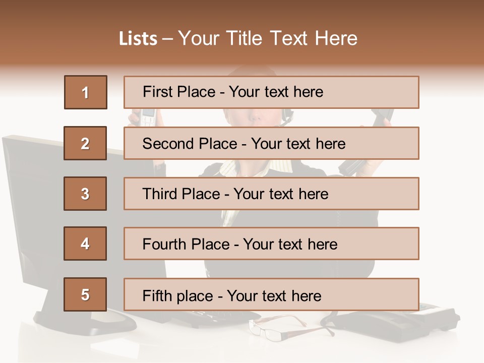 Attractive Female Businesswoman In The Office, Work Overload. Studio Shot. PowerPoint Template