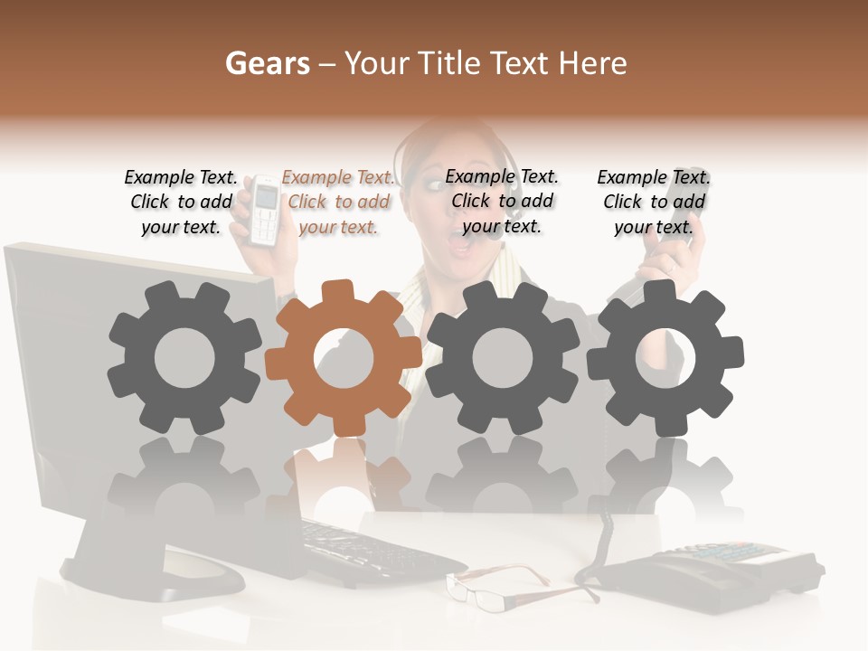 Attractive Female Businesswoman In The Office, Work Overload. Studio Shot. PowerPoint Template