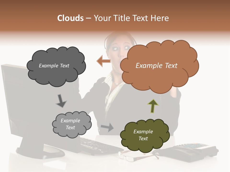 Attractive Female Businesswoman In The Office, Work Overload. Studio Shot. PowerPoint Template