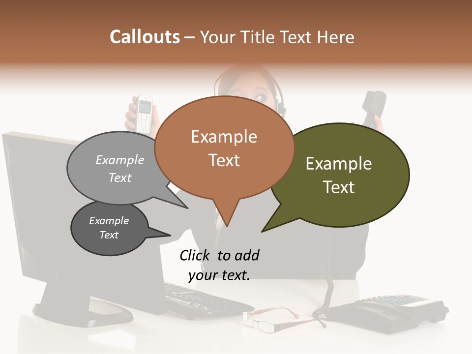 Attractive Female Businesswoman In The Office, Work Overload. Studio Shot. PowerPoint Template