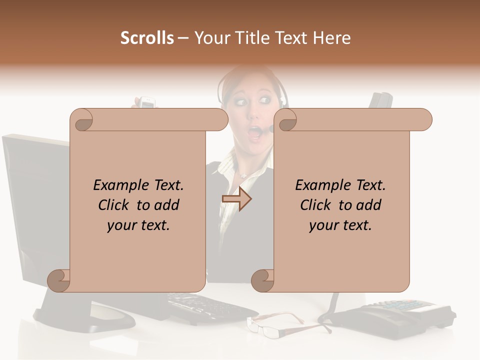 Attractive Female Businesswoman In The Office, Work Overload. Studio Shot. PowerPoint Template