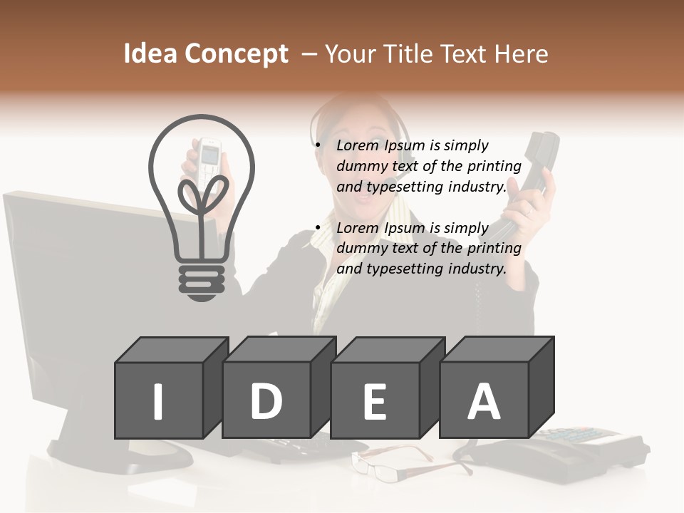 Attractive Female Businesswoman In The Office, Work Overload. Studio Shot. PowerPoint Template