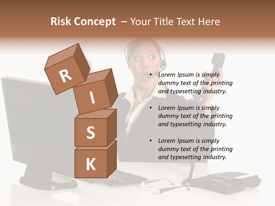 Attractive Female Businesswoman In The Office, Work Overload. Studio Shot. PowerPoint Template