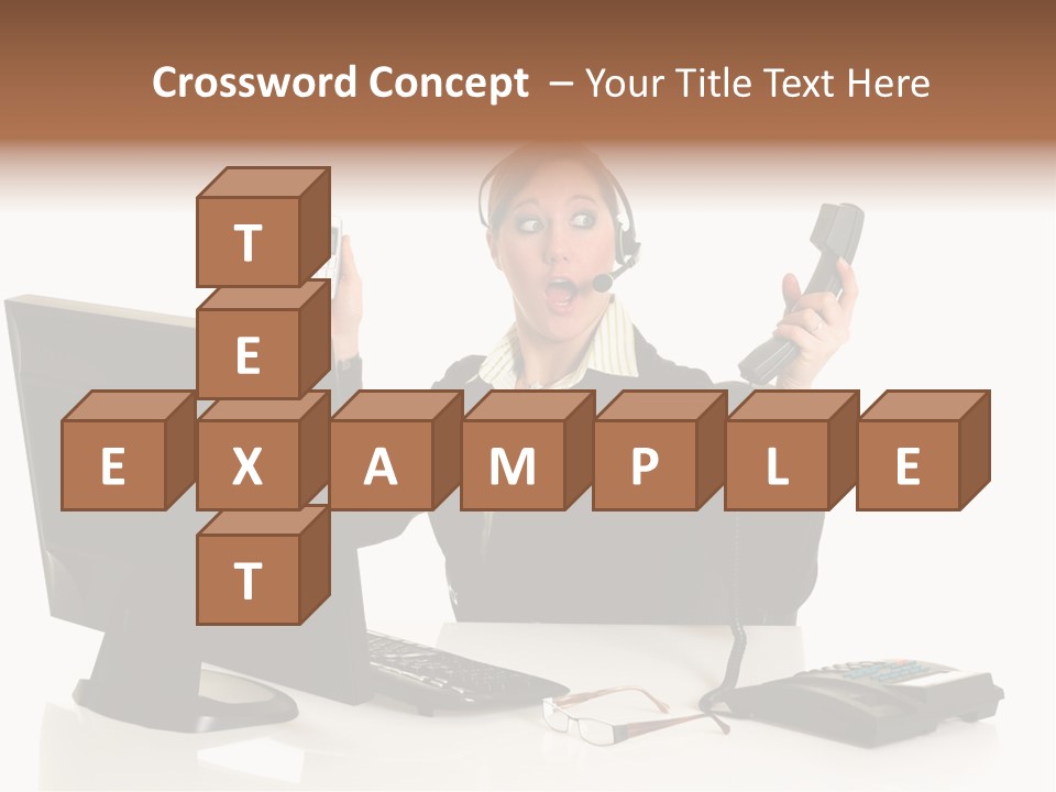 Attractive Female Businesswoman In The Office, Work Overload. Studio Shot. PowerPoint Template