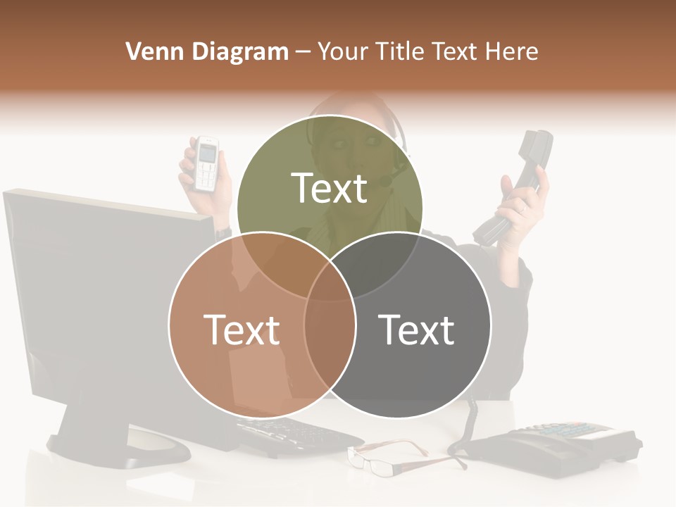 Attractive Female Businesswoman In The Office, Work Overload. Studio Shot. PowerPoint Template
