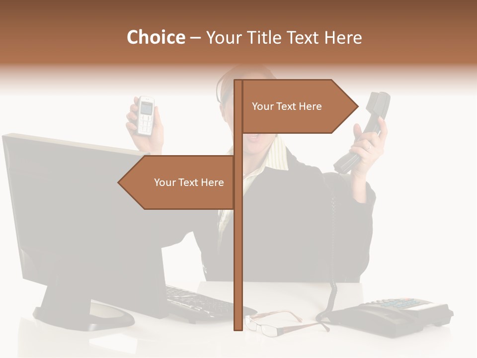 Attractive Female Businesswoman In The Office, Work Overload. Studio Shot. PowerPoint Template