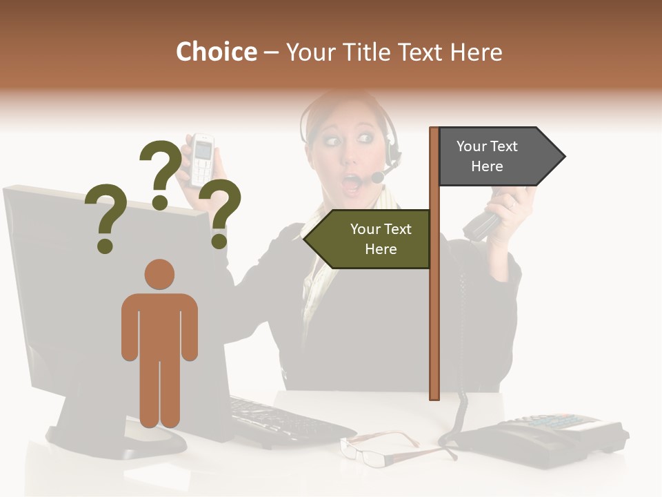 Attractive Female Businesswoman In The Office, Work Overload. Studio Shot. PowerPoint Template