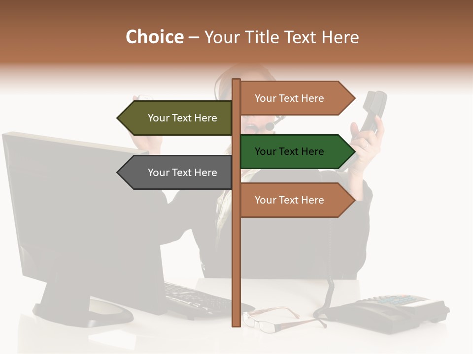Attractive Female Businesswoman In The Office, Work Overload. Studio Shot. PowerPoint Template
