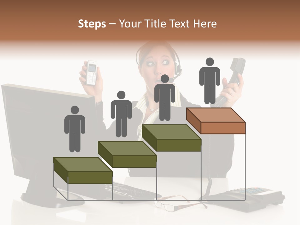 Attractive Female Businesswoman In The Office, Work Overload. Studio Shot. PowerPoint Template