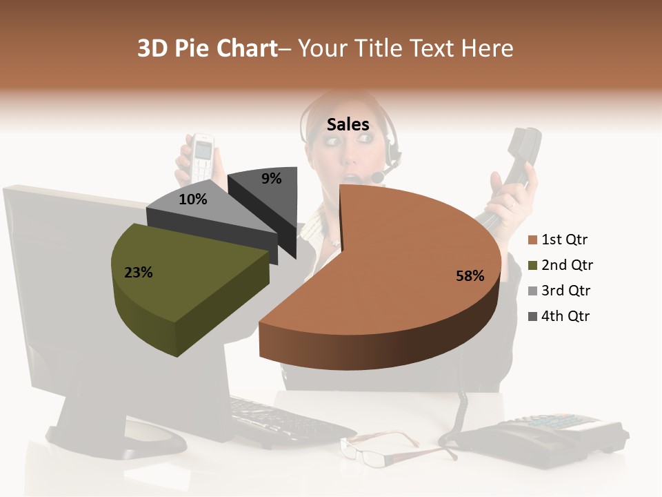 Attractive Female Businesswoman In The Office, Work Overload. Studio Shot. PowerPoint Template