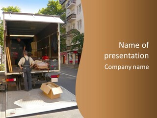 House Moving With Workers And Truck PowerPoint Template