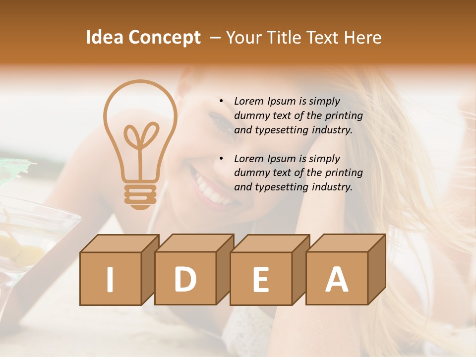 Image Of Pretty Girl With Martini Glass Lying On Sandy Beach And Looking At Camera PowerPoint Template