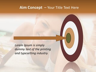 Image Of Pretty Girl With Martini Glass Lying On Sandy Beach And Looking At Camera PowerPoint Template
