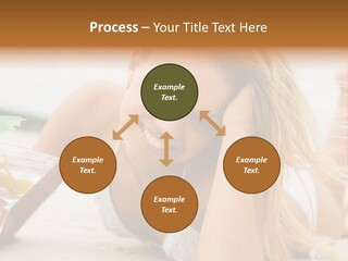Image Of Pretty Girl With Martini Glass Lying On Sandy Beach And Looking At Camera PowerPoint Template