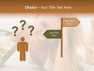 Image Of Pretty Girl With Martini Glass Lying On Sandy Beach And Looking At Camera PowerPoint Template
