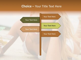Image Of Pretty Girl With Martini Glass Lying On Sandy Beach And Looking At Camera PowerPoint Template