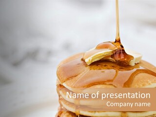 Maple Syrup Pouring Onto Pancakes. Shallow Dof With Focus On Syrup And Butter. PowerPoint Template