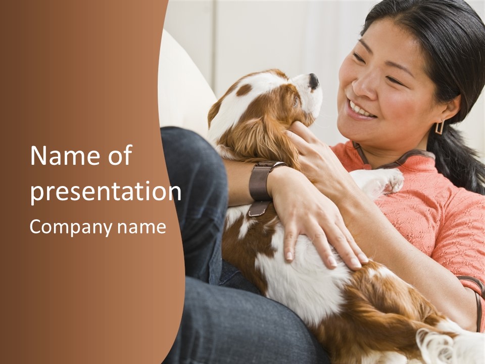 Smiling Asian Woman With Puppy On Her Lap. Square. PowerPoint Template