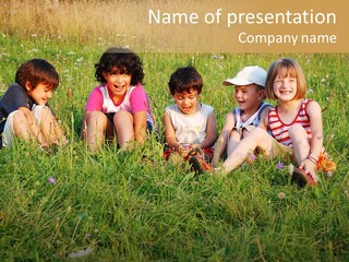 Happy Little Children In Grass On Meadow PowerPoint Template