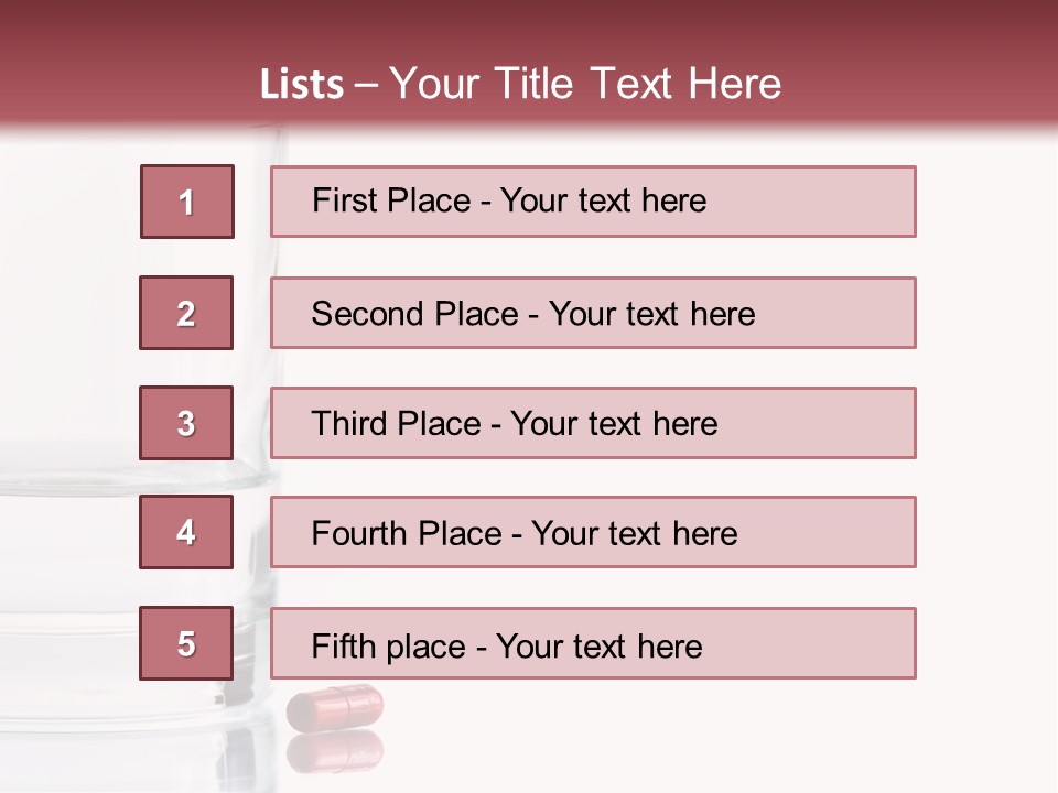 Close Up Of Red Pill And Water On A High Key Background. The Focus Is On The Front Pill And Falls Off Quickly (With Sample Text) PowerPoint Template