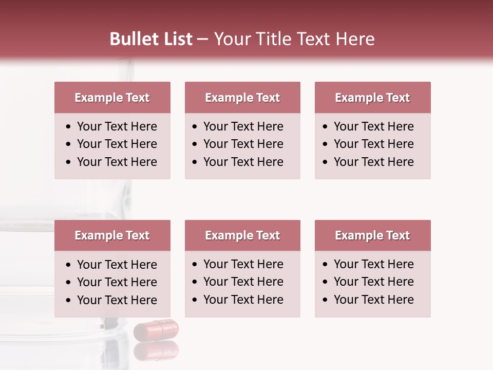 Close Up Of Red Pill And Water On A High Key Background. The Focus Is On The Front Pill And Falls Off Quickly (With Sample Text) PowerPoint Template