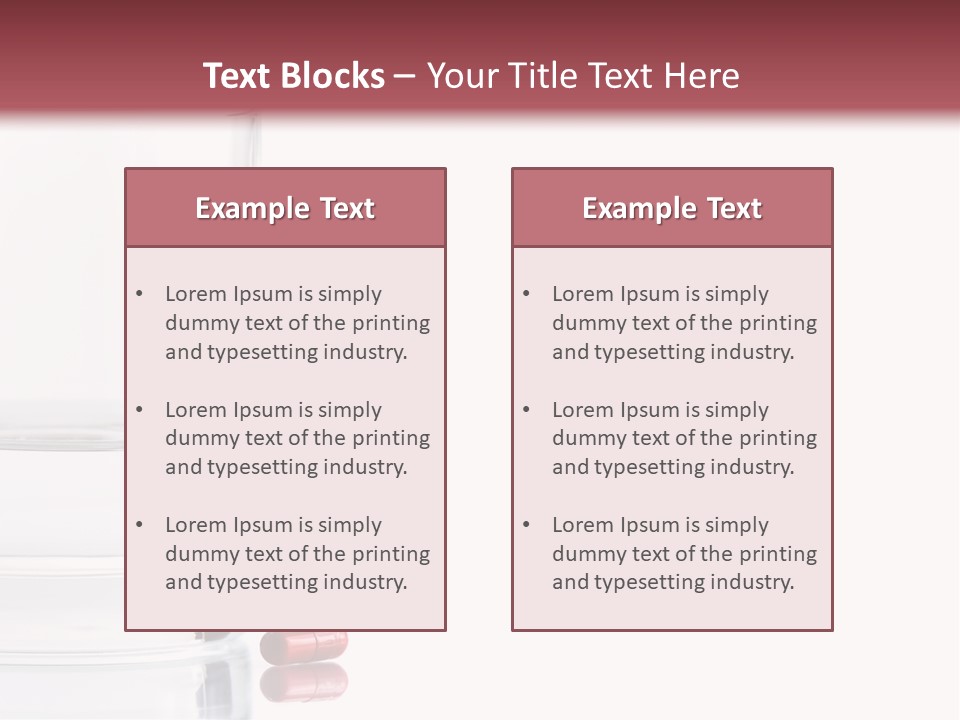 Close Up Of Red Pill And Water On A High Key Background. The Focus Is On The Front Pill And Falls Off Quickly (With Sample Text) PowerPoint Template