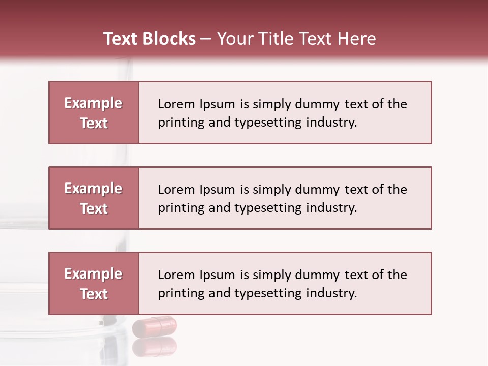 Close Up Of Red Pill And Water On A High Key Background. The Focus Is On The Front Pill And Falls Off Quickly (With Sample Text) PowerPoint Template