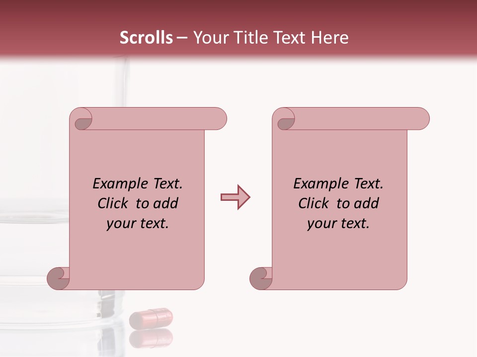 Close Up Of Red Pill And Water On A High Key Background. The Focus Is On The Front Pill And Falls Off Quickly (With Sample Text) PowerPoint Template