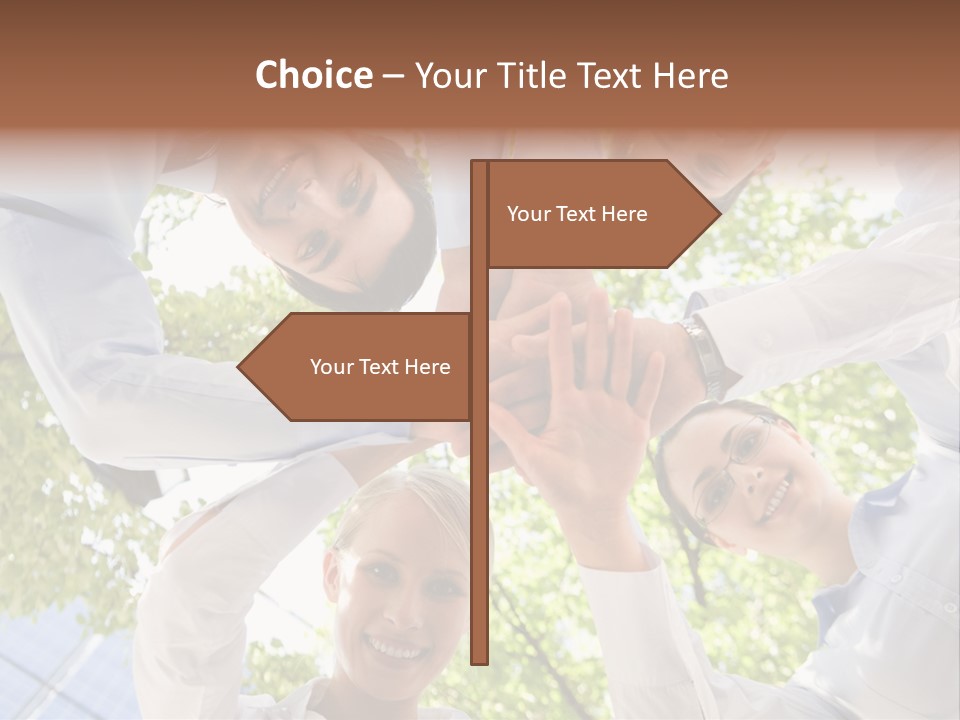 Bottom View Of People Making Pile Of Hands On Background Of Green Foliage PowerPoint Template