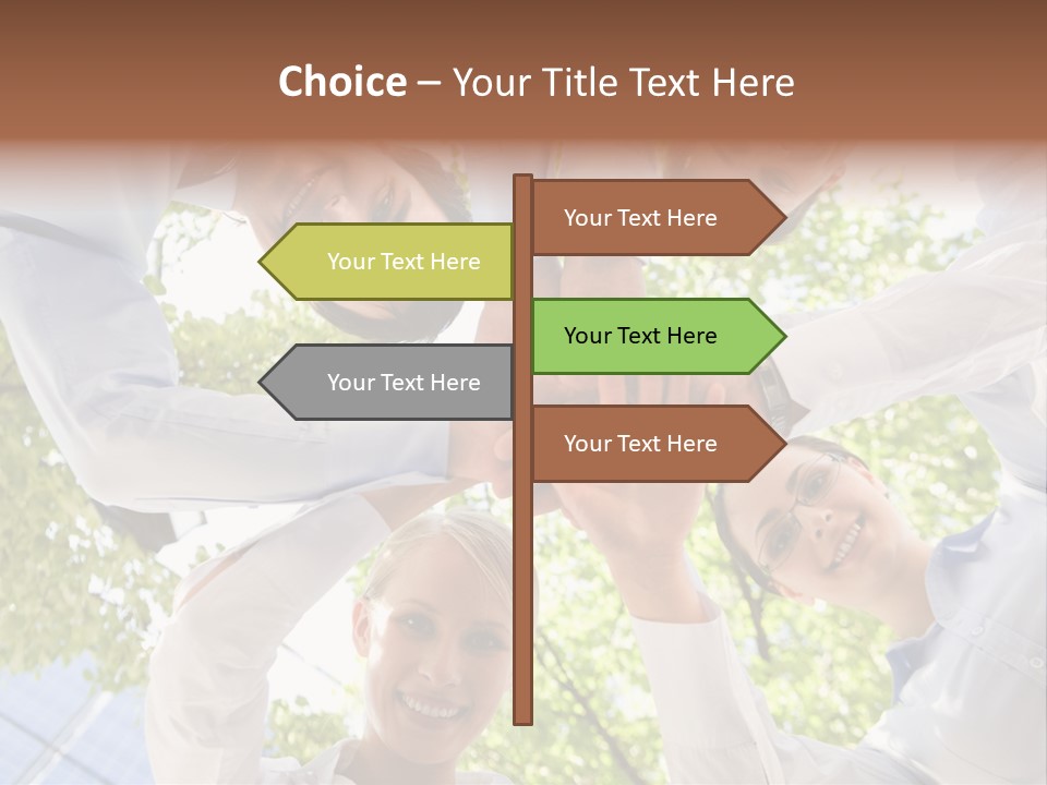 Bottom View Of People Making Pile Of Hands On Background Of Green Foliage PowerPoint Template