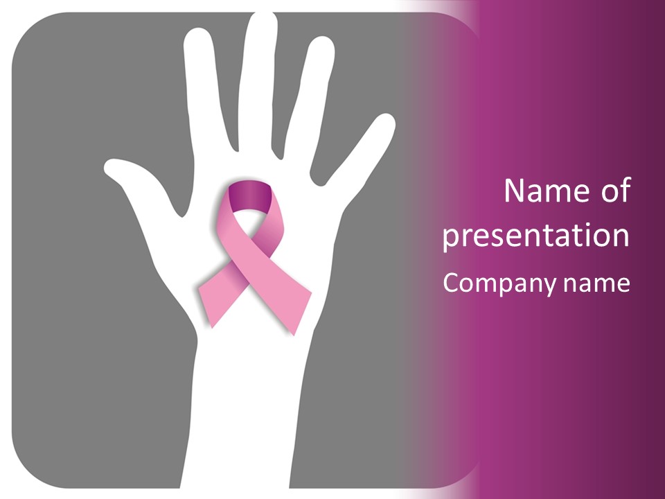 Hand With A Pink Ribbon Over A Grey Rounded Square. PowerPoint Template