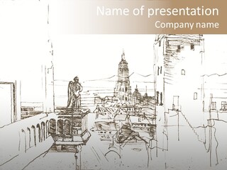 City Landscape. Made By Ink On Paper. PowerPoint Template