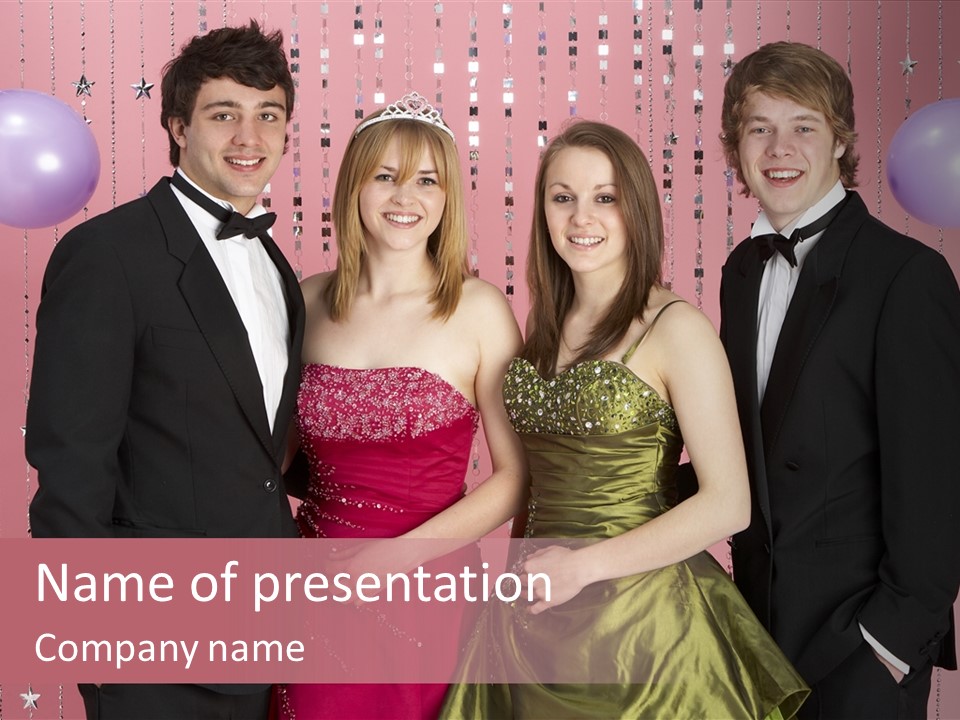 Two Young Couples Dressed For Party PowerPoint Template