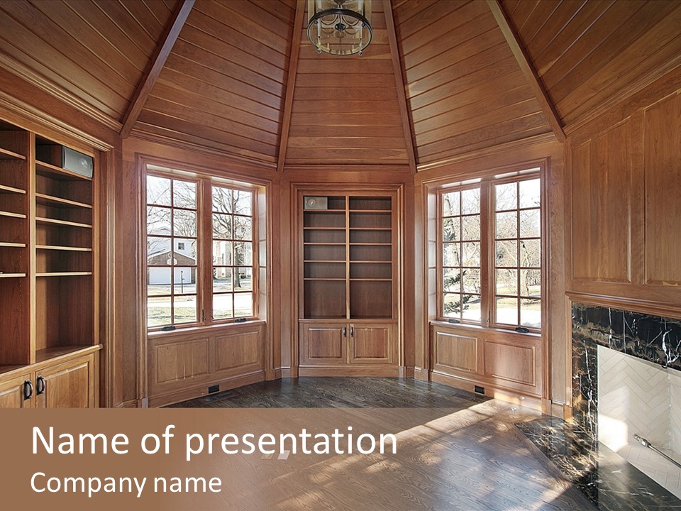 Library With Wood Paneled Walls And Fireplace PowerPoint Template