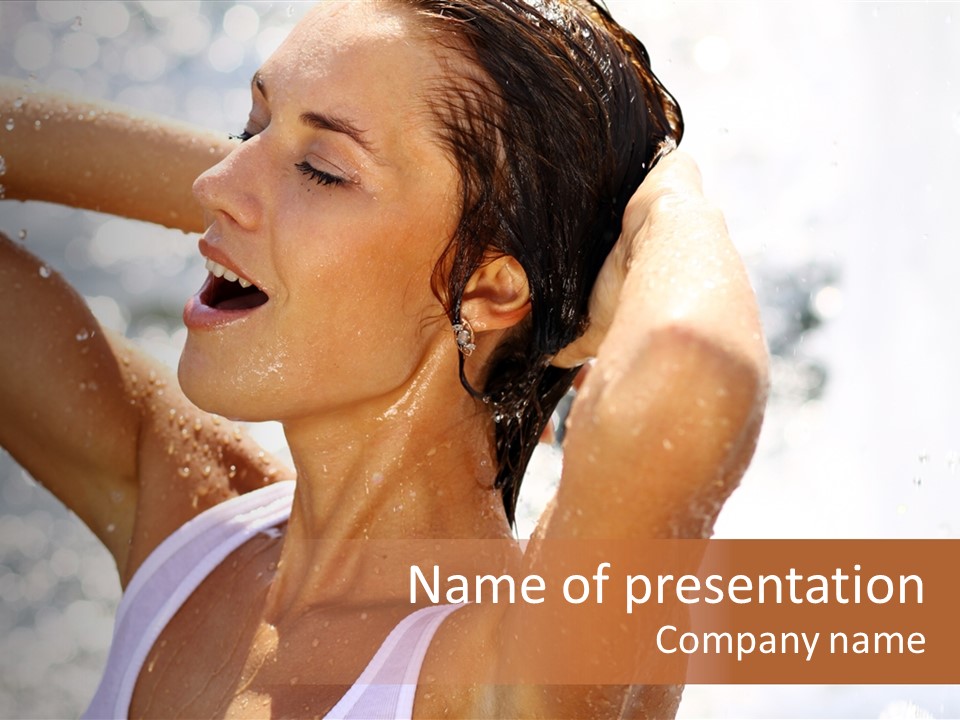 Heat. The Young Woman Bathes In A City Fountain PowerPoint Template