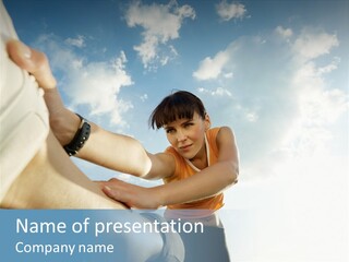 Woman Doing Stretching Outdoors At Sunset. Low Angle View, Copy Space PowerPoint Template