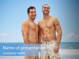 Shirtless Gay Couple Standing On A Beach PowerPoint Template